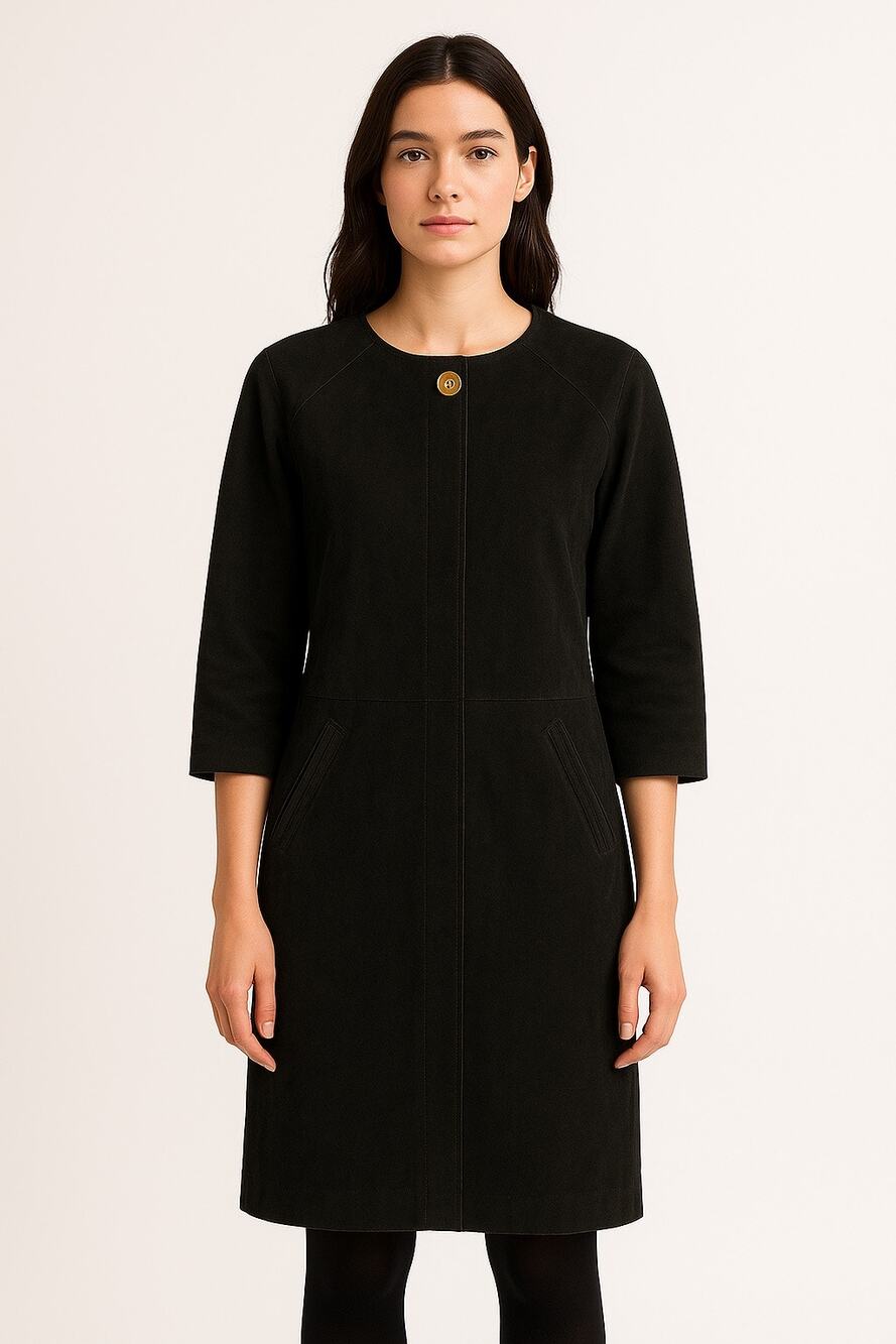 1990s Margaret Godfrey Suede Leather Black Minimalist Dress Size 6